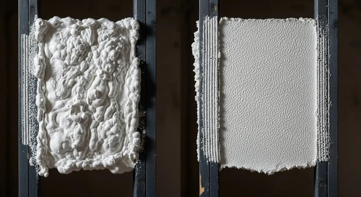 Side-by-side view of open-cell and closed-cell spray foam textures and application