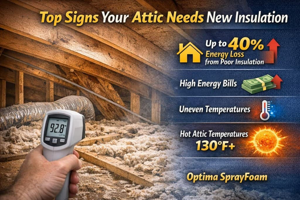Infographic titled "Top Signs Your Attic Needs New Insulation" featuring an attic photo with a thermal reading and facts about energy loss, high bills, and extreme attic temperatures by Optima SprayFoam.