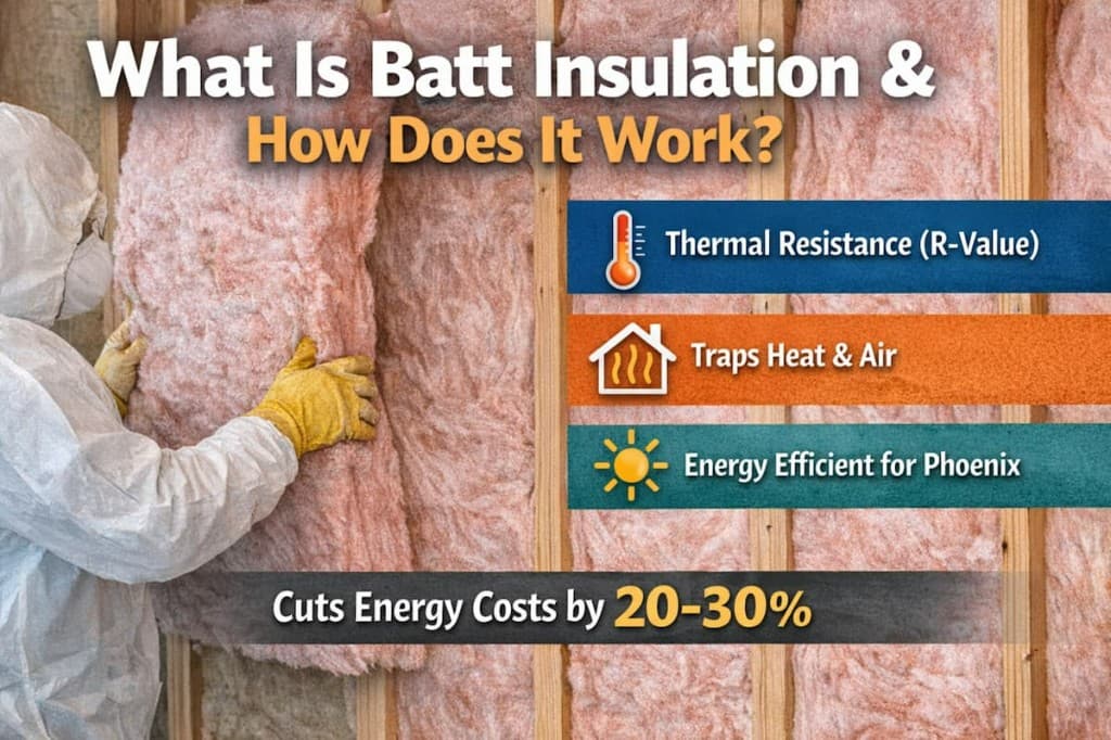 Feature graphic for What Is Batt Insulation and How Does It Work: installer placing pink fiberglass batts between studs with callouts for R-value, heat and air trapping, and energy efficiency for Phoenix.